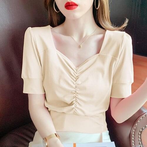 Folds V-Neck Crop Tops Women Cotton Tee Shirt Female 2021 Summer Casual T-Shirt Womens Short Sleeve Slim Woman Tshirts Clothes