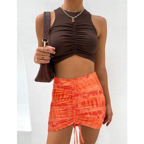 Floral Print Y2K Mini Skirts Women Sexy Cute Ruched Drawstring Short Skirts Korean Harajuku Summer Ladies Holiday Beach Outfits