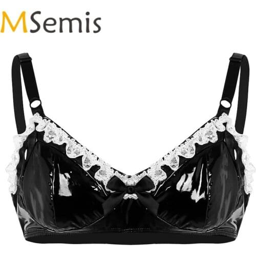 Mens Lingerie Faux Leather Bra Top for Gay Wetlook Leather Bra Wire free Bra Top Spaghetti Straps Fashion Lace with Bowknot