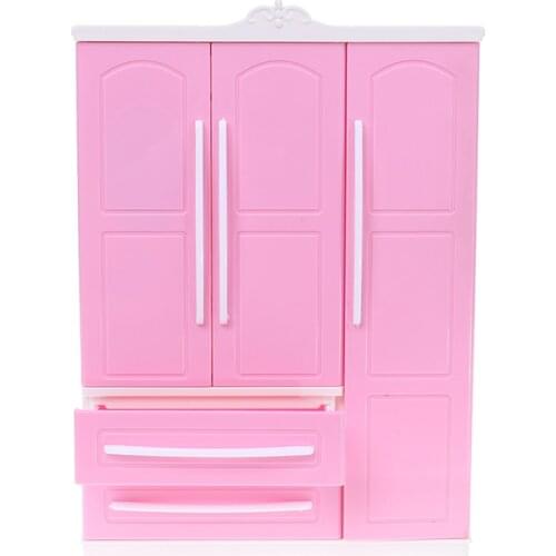 New Three-door Pink Modern Wardrobe for Barbie Furniture Clothes Accessories with Dressing Mirror Girls Toy