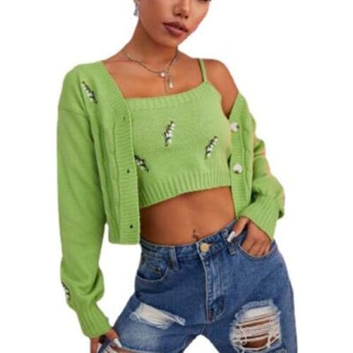 2021 Autumn Long Sleeve Knitted Cardigan Sweater For Women Leaf Embroidered Twists Hollow Camisole With Crop Top Korean Fashion