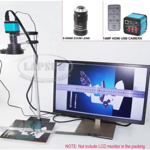 14MP HD Industrial Lab Microscope Camera HDMI USB Output + Dual Arm Rotatable Metal Table Stand + 30mm - 380mm Wide Field Lens