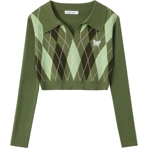Collared Y2K Crop Argyle Sweater for Women Cute Ladies Vintage 2000s Aesthetic Embroidery Butterfly Long Sleeve Pullover Jumper