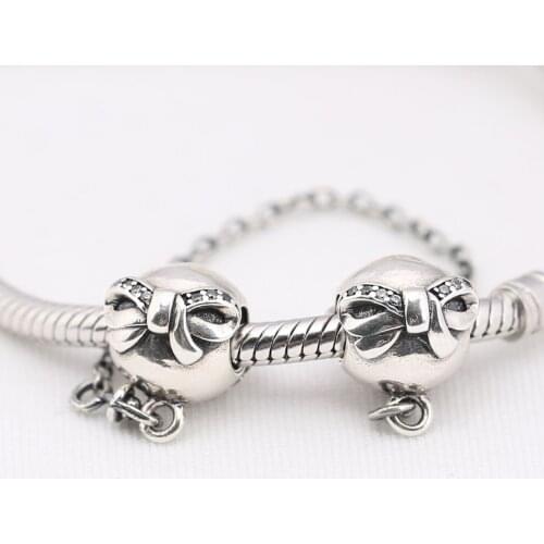S925 Silver DIY Jewelry Dainty Bow Safety Chain Charm fit Lady Bracelets & Bangles Clear CZ