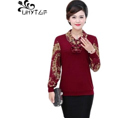 UHYTGF Korean Women shirts fashion knitted splice chiffon spring autumn T shirt Printed pullover loose 5XL plus size tshirt 1012