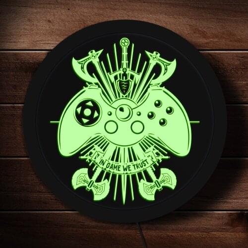 In Game We Trust Video Game Controller Vintage LED Lighted Sign with Joystic Fantasy Weapons Game Room Electronic Lighted Signs