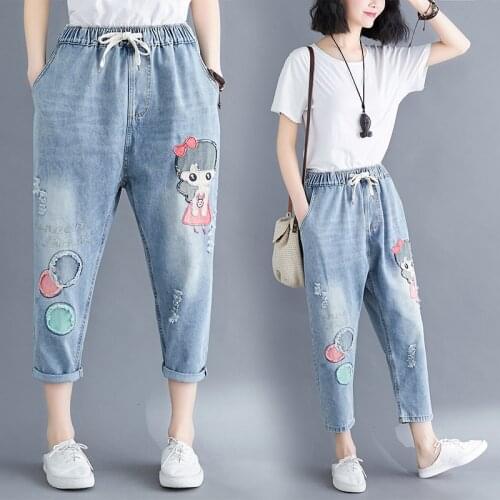 6846 Women Jeans Cartoon Sweet Girl Cute Light Blue Vintage Casual Hole Letter Drawstring Elastic Waist Patchwork Denim Trousers