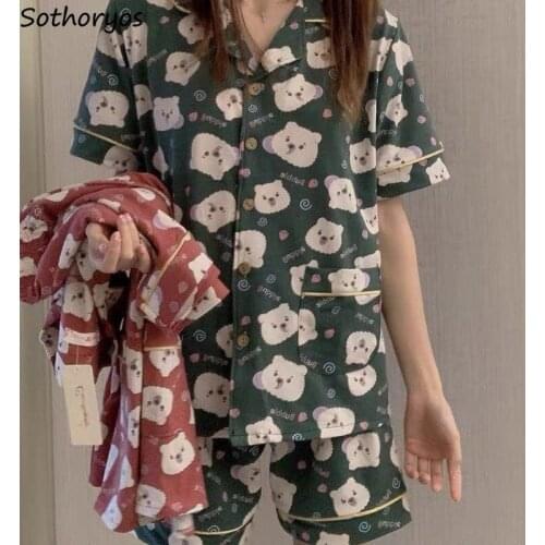 Women Printed Pajama Sets Loose Soft Lovely Girls Casual Home Daily Sleepwear Teenagers Lounge Shorts Sleeve 2021 Newest Popular