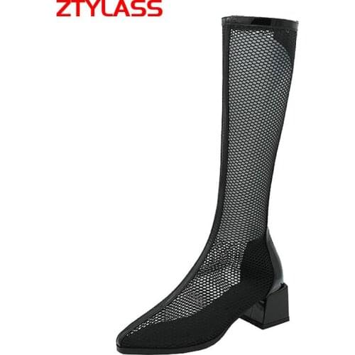 Big Size Women Boots 34-45 Summer Breathable Mesh Boots Sexy Hollow Zipper Knee High Boots Black Beige Chunky Heel Long Boots