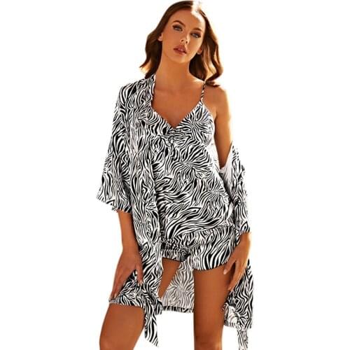 Women Silk Pajamas Sets Ladies Print Pijama Sleepwear Female Sexy Spaghetti Strap Satin Pyjamas Suit 3 Pieces