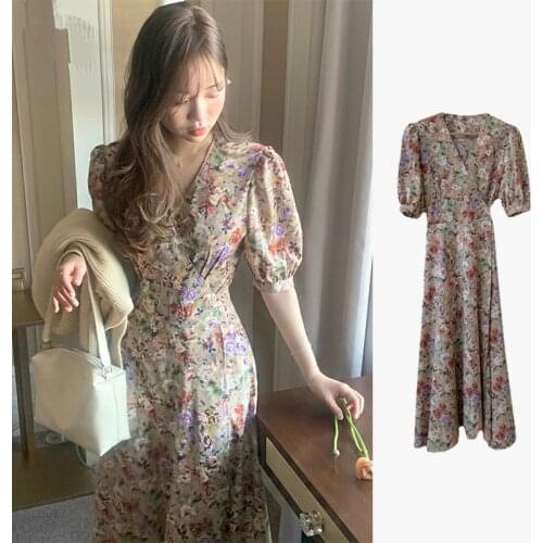 Summer new French style printed V-neck dress women retro puff sleeve gentle chiffon floral dress