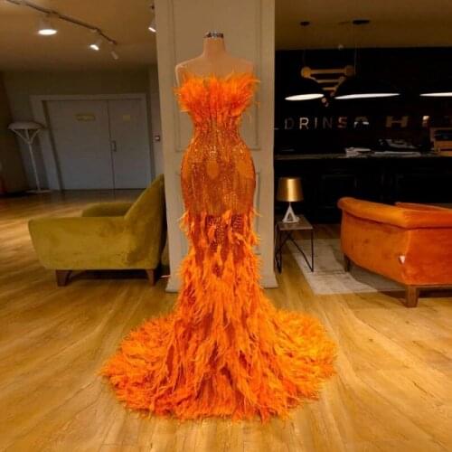 Orange Feather Mermaid Prom Dresses Sexy Strapless Sparkly Evening Gowns 2021 New Design Formal Party Dress Robe De Soiree
