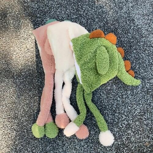 Winter Cute Funny Hat Moving Ear Dinosaur Hat Velvet Toys Hair Hoop Hat Rabbit Hat Moves Ear Hat Plush Toy 3 Color Gifts For gir