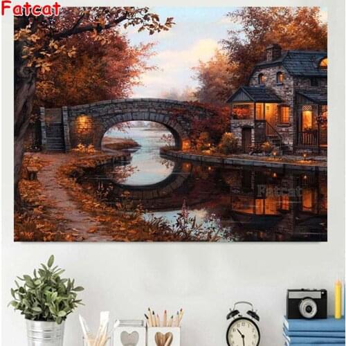5D Diamond Embroidery Autumn view bridge villa tree river Full Square round drill Diamond Embroidery DIY Diamond Mosaic PP1684