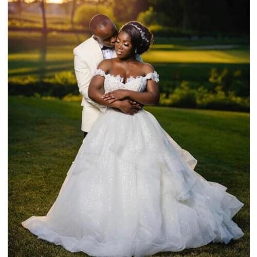 White Wedding Dresses Ball Gown Lace Bodice Plus Size Bridal Gowns Off The Shoulder Tiers Organza Skirt Corset Up Back 2021