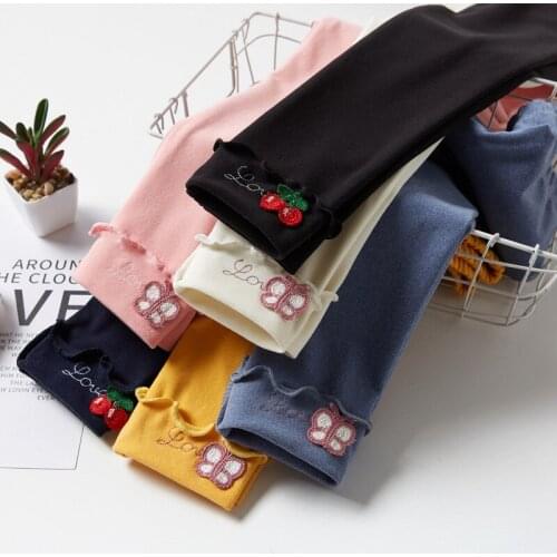 Girls Embroidery Pants Spring Autumn New Students All-match Slim Leggings Childrens Bow-knot Curled Trousers