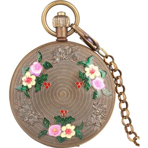 Retro Carved Elegant Flowers Design Pure Copper Tourbillon Sun Phase Mechanical Pocket Watch Double Hunter Chain Watch FOB Gift