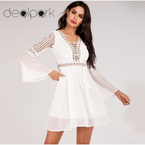 Elegant Ladies Party Dresses Women Mini Dress Criss Cross Bandage Lace Semi-sheer Plunge V-Neck Long Sleeve Ruffle Dress female