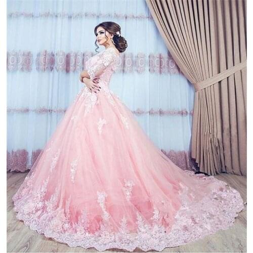 Gy Vintage Arabic wedding Dresses Lace 3d Floral 1/2 Sleeves Plus Size Engagement wedding Gowns Vintage Blush Pink Ball Gown