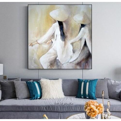Hand Pained Oil Painting Abstract Art School Girl in Folk Costume Vietnamese Art for Living Room Wall Decoration