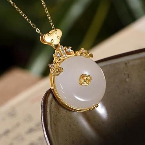 Original New Natural Hetian Jade White Round Necklace Pendant Creative Exquisite Elegant Ladies Silver Jewelry