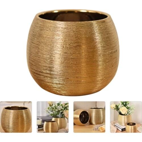 1Pc Round Succulent Pot Flowerpot Decor Ceramic Plant Pot Flower Vase Gold-Plated Ceramic Brushed Fleshy Round Flower Pot