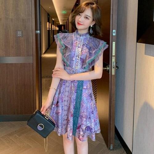 Menahem 2021 Summer Shinny Flower Print Embroidery Patchowrk Lace Mesh Dress Female Elegant Butterfly Sleeve Purple Mini Dresses