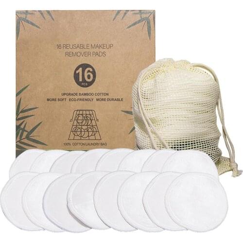 16Pcs/Set Reusable Washable Round Bamboo Cotton Cloth Facial Makeup Remover Puff Pads With Mesh Bag Clean Facial Skin Care