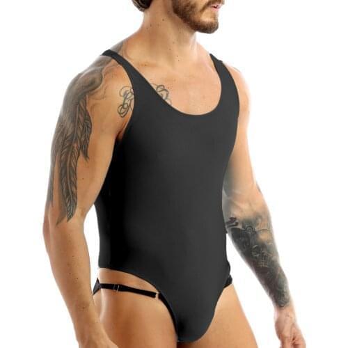 Men Sexy Stretchy Mankini Bodysuit Lingerie Leotard Thong Singlet Nightwear with Bulge Pouch Male Erotic Slim Cut Underwear