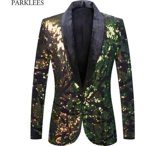 2021 Stylish Green Sequin Suit Jacket Men One Button Shawl Collar Tuxedo Blazers Mens Wedding Party Stage Clothes for Singers 3X