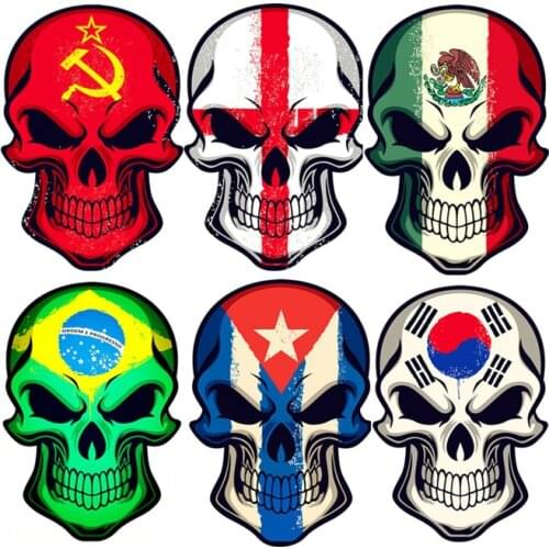 Hot Creative England Mexico Cuba Brazil South Korea Uni Soviet Flag Skull on Motorcycle PVC Decal Waterproof Car Sticker