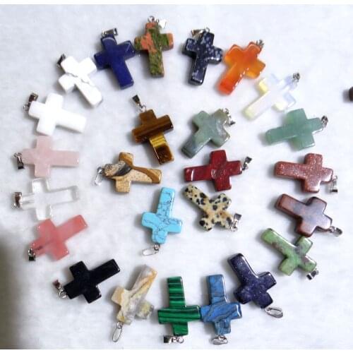 Natural stone lapis tiger eye Turquoises Quartz Crystal Cross pendant for diy jewelry making Necklaces Accessories24pcs