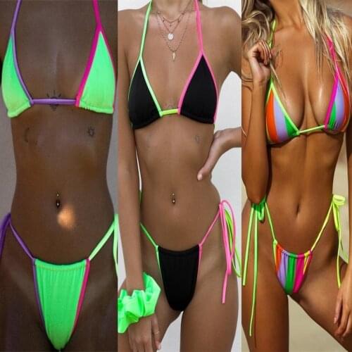 2021 New Fashion Lady Candy Color Swimsuit Sexy Backless Stitching Halter Split Swimsuit Swimsuit Bikini