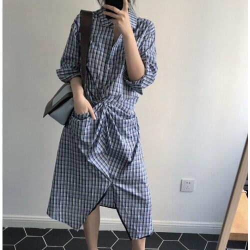 New Knotted Long Sleeve Medium-Long Dresses with Retro Chequered Sleeves J20190300072