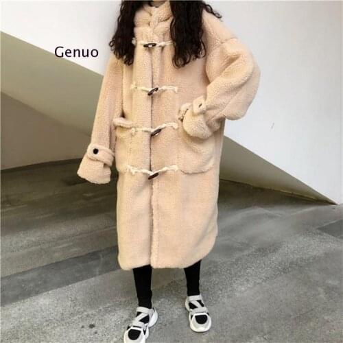 New Faux Fur Coat Women Winter Warm Horn Button Lamb Cashmere Long Fur Jacket Suede Plush Overcoat Pocket Teddy Coat