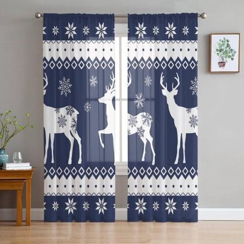 Christmas Elk Snowflake Blue Sheer Curtains for Living Room Bedroom Home Decor Chiffon Voile Christmas Curtains