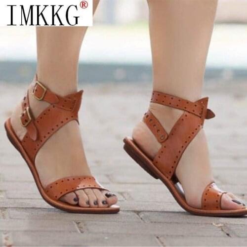 Plus Size 35-43 Women Sandals Flat Gladiator Leather Sandals Summer Shoes Woman Rome Style Double Buckle Casual Beach sandalias