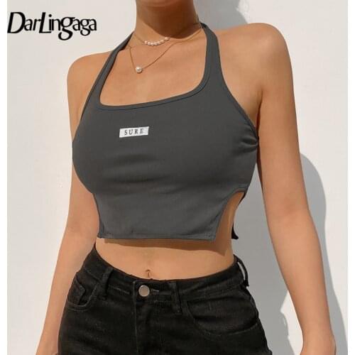 Darlingaga Streetwear Cotton Letter Embroidery Halter Top Backless Off Shoulder Tank Top Female Split Sexy Vest Summer Crop Tops