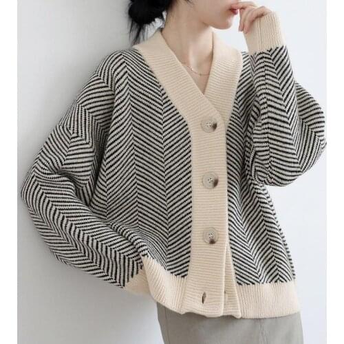 Spring Autumn New Vintage Knitted Cardigan Women Striped Loose Coat Thickened Outwear Sweater Women Retro French Knitted Coat