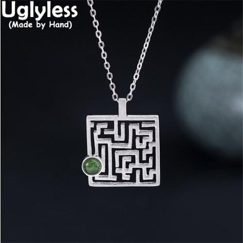 Uglyless Natural Tourmaline Pendants for Women Irregular Hollow Maze Square Necklaces 925 Silver Ethnic Jewelry Gemstone NOChain