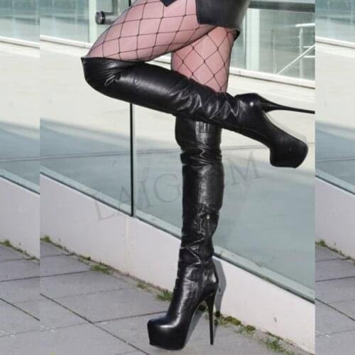 LAIGZEM SUPER Women Long Boots Zipper Stiletto Heels Faux Leather Waterproof Boots Shoes Woman Botines Mujer Big Size 34-52