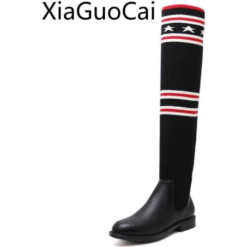 High Quality Women Long Elastic Stockings Boots Fashion Winter Low-heeled Ladies Riding Boots Over-the-knee Women Boots