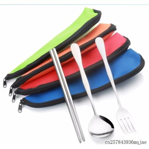 100Sets Cutlery Set Spoon Fork Dinner Tableware Set in Cloth Bag Stainless Steel Outdoor Lunch Tool