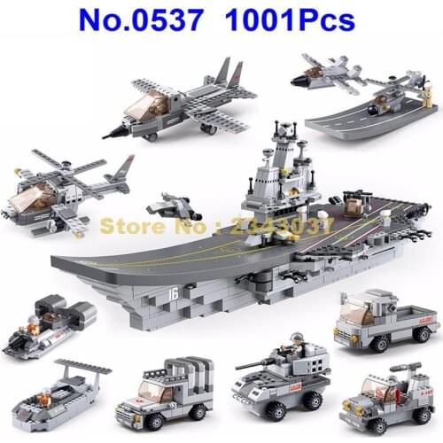Sluban 0537 1001pcs Military 9in1 28 Changes Aircraft Carriers Armoured Scud Launcher Helicopter Building Block Toy