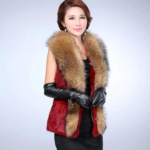 2017 Luxury Autumn Winter Genuine Real Rabbit Fur Vest Waistcoat Raccoon Fur Collar Women Fur Gilet Lady Outerwear Coats 0702