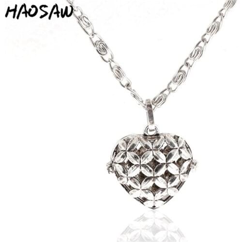 32mm Vintage Necklace Harmony Rhodium Heart Shape Pattern Hollow Cage Long Pendant For Women Gift Necklace Jewelry Findings