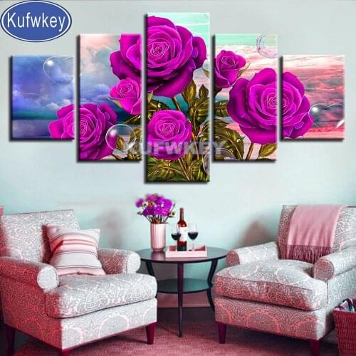 Purple Rose Flower 5D Round Diamond Embroidery Cross Stitch Diamond Painting 5 Piece Mosaic Picture Of Rhinestones Multi-Panel