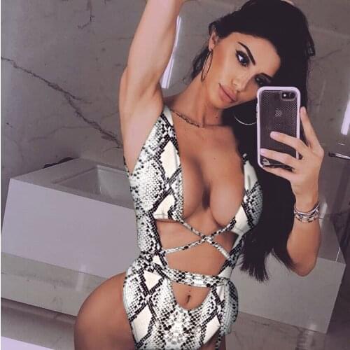 Bandage Backless Low Cut Swimming Suit Serpentine Printing One Piece Swimsuit Swimwear Women Cross Leopard Monokini Beach Wear
