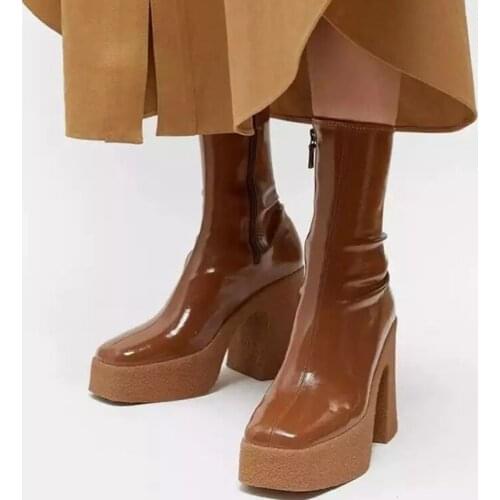 9.5CM Heels Platform Boots Woman Patent leather Ankle Boot Womens High Heel Shoes Women Winter Shoe Snow Bottine