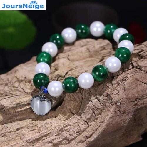Dry green Natural Stone Bracelets With White cats eye stone Heart Pendant Hand String for Women Girl Lucky Single Lap Jewelry